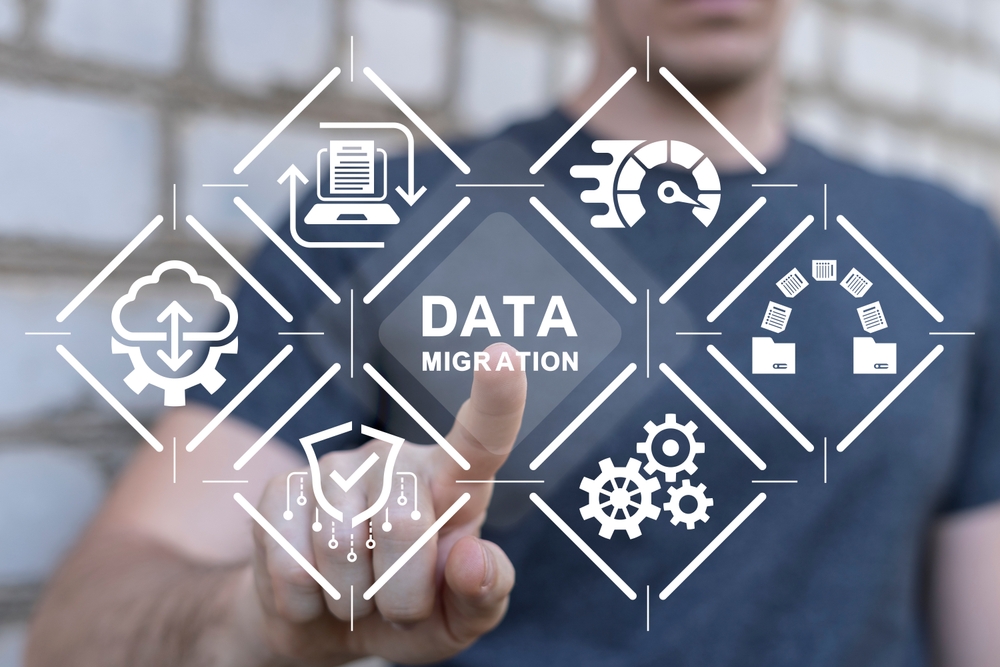 Man,using,virtual,touchscreen,presses,text:,data,migration.,send,of